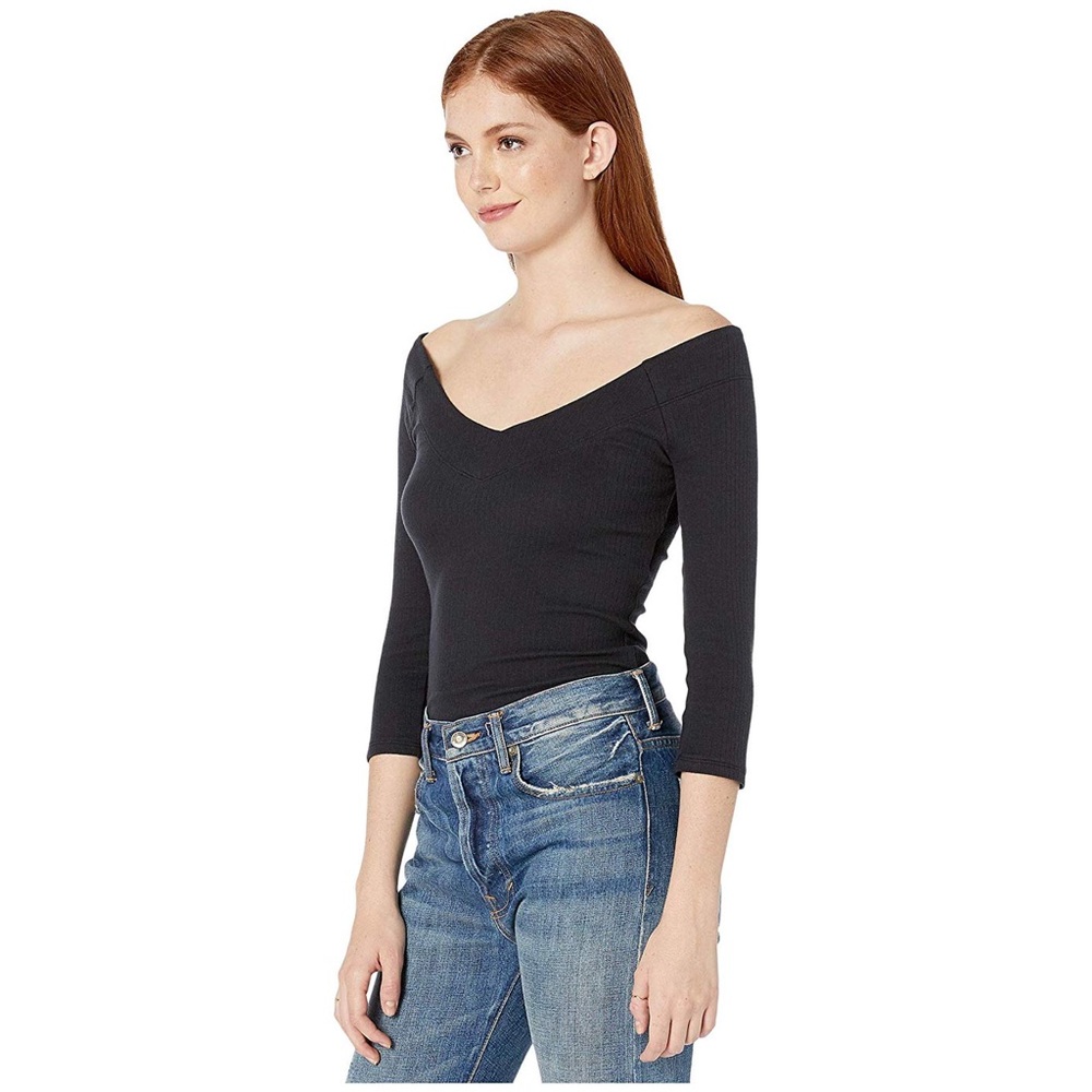Free People Ribbed Bardot V-Neck Bodysuit in Black Size Small